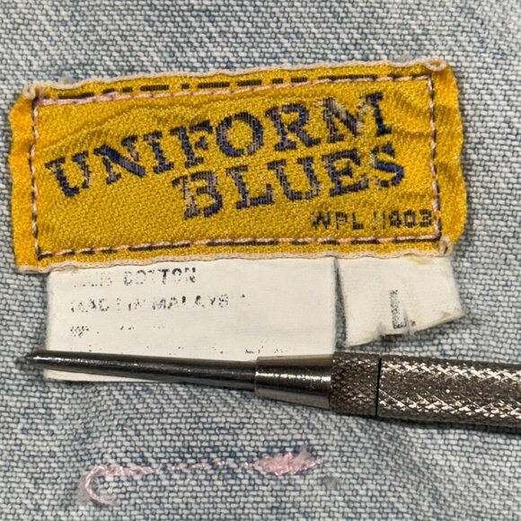 Vintage Uniform Blues Denim 80's Jacket Large Button-Up Light Wash Distressed - Picture 5 of 9